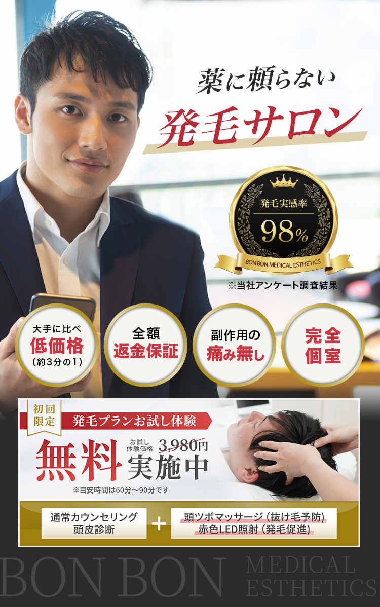 薬に頼らない発毛サロン 発毛時間率98%